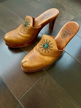 Vintage Calleen Cordero Brown Leather High-Heel Mule with Turquoise Accent